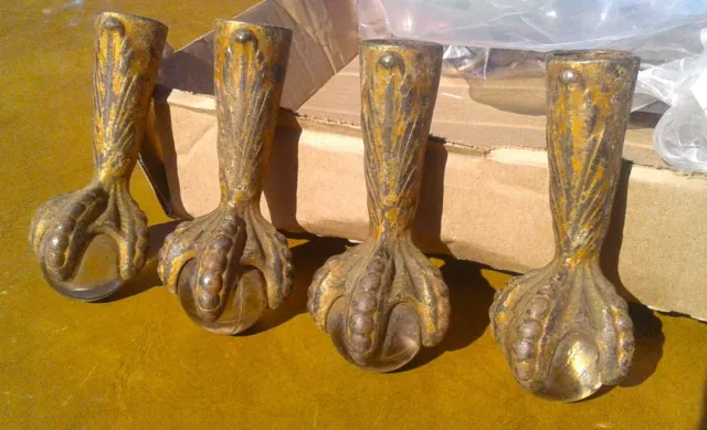 Set of 4 Antique Victorian Cast Iron Claw and Glass Ball Feet for Piano Stool