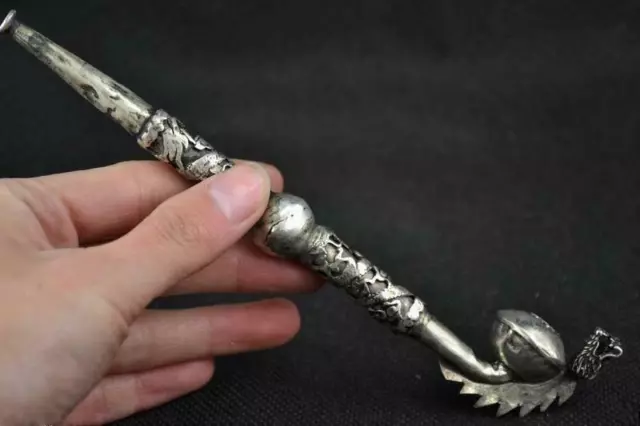 Old Chinese tibet Silver hand-Carving Dragon Exorcism Smoking Tool