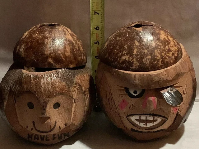 Vintage Tiki Coconut Heads Set Of Two Drink Tropical Home Decor