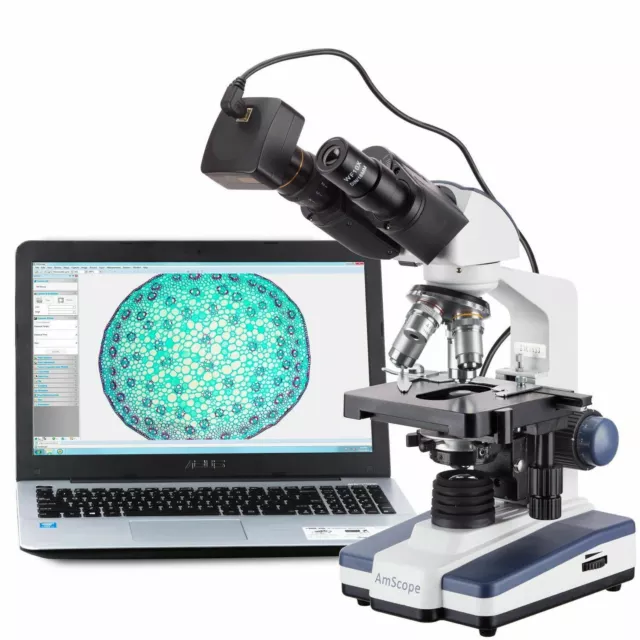 AmScope 40X-2000X LED Binocular Compound Microscope +1.3MP Camera +3D Stage