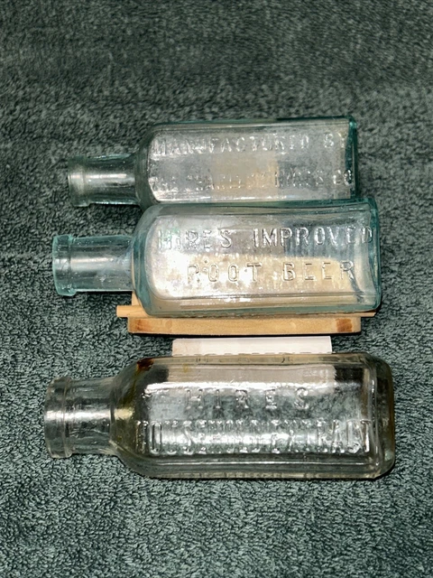 3 Vintage Hires Root Beer Extract Bottles. 2 Green, 1 Clear, Each One Different.
