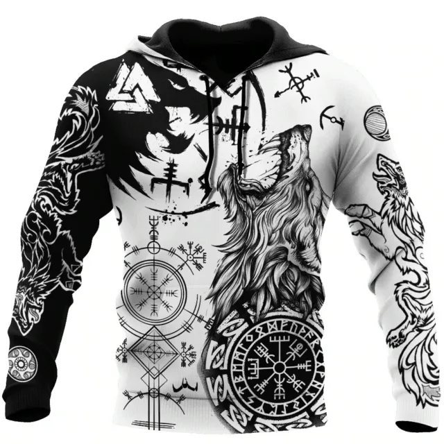 Mens Hoodies Sweatshirt Viking Wolf Tattoo 3D All Over Print Cool Streetwear New