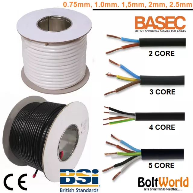 2/3/4/5 CORE ELECTRICAL FLEX ROUND CABLE WIRE BLACK WHITE 0.75mm 1mm 1.5mm 2.5mm