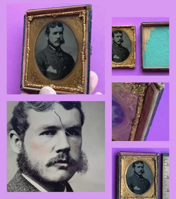 1870 ITCHY JACKET UNFRIENDED Young Man SIDEBURN MUSTACHE 6th Plate Tintype Photo