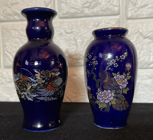 Peacock Floral Designed Antique Japanese Blue Cobalt Porcelain Vase Set