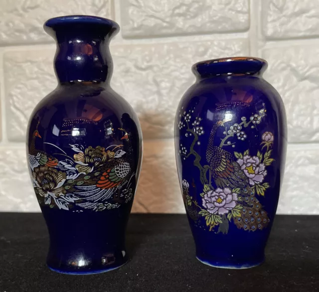 Peacock Floral Designed Antique Japanese Blue Cobalt Porcelain Vase Set