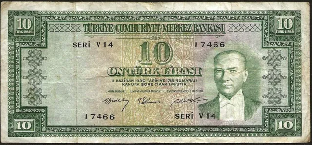 Turkey - bank note Of 10 Lirasi 1958 Reverse " Brown " ! Pick #158