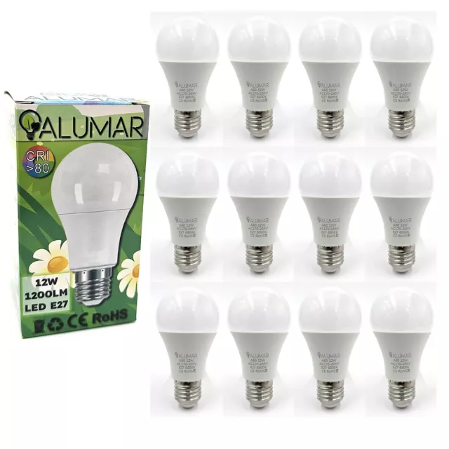 12 Bombillas LED E27 A60 Luz Blanco Frío 6500K de 12W (equivalente a 85W) 1200 L