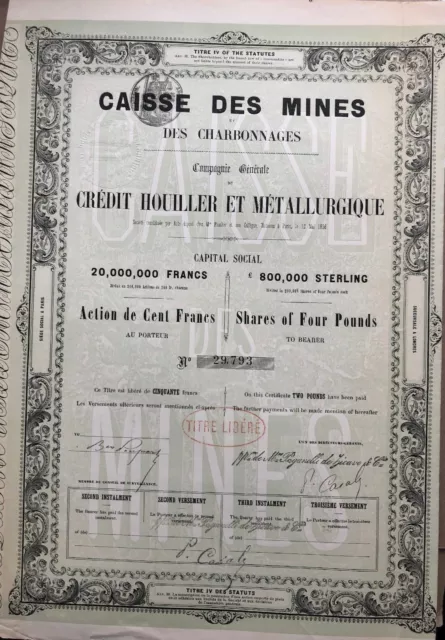 Caisse des Mines et des Charbonnages Credit Houiller et Metallurgique, 1856 !!!