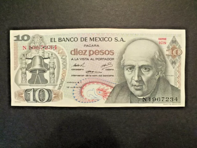 1974 El Banco De Mexico S.a.10 Pesos Banknote.