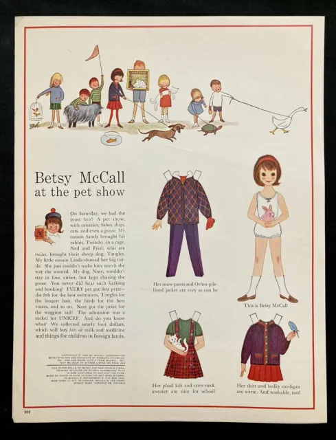 Betsy McCall Mag. Paper Doll, Betsy McCall at the Pet Show, Oct 1962, VTG