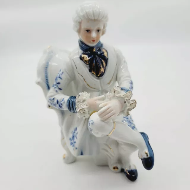 Vintage Ceramic Porcelain Figurine Of Victorian Man Sitting Blue White Gold Deco