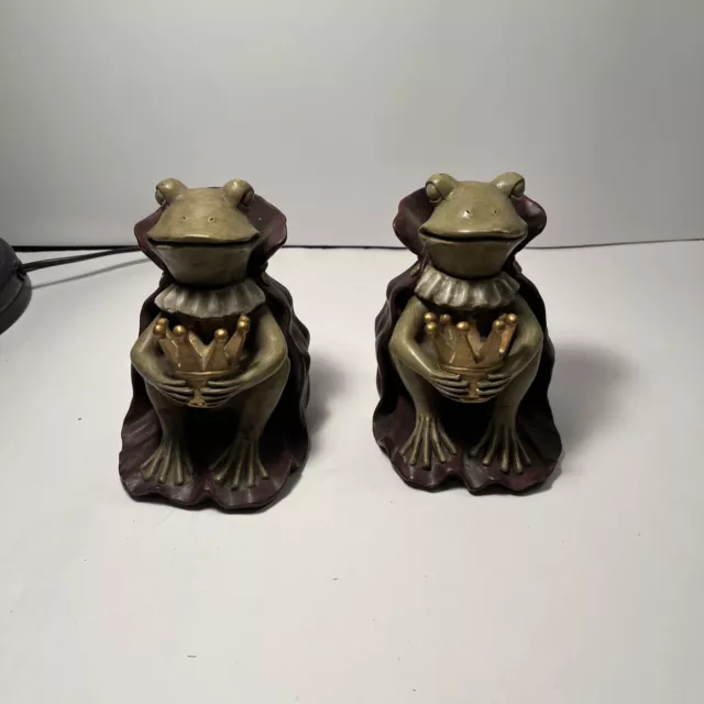 Pair Of Vintage Prince Charming Frog Froggy Gold Crown figurine book ends 5 3/4”