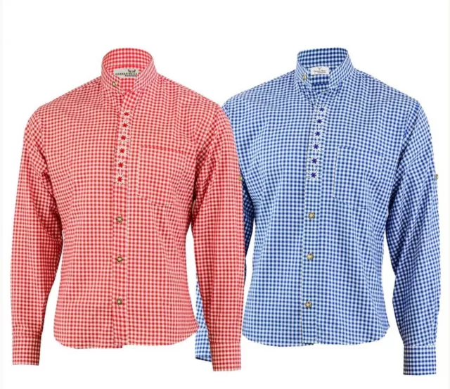 Herren Trachtenhemd Trachten Hemd Edelweissstickerei blau rot kariert S-4 XL