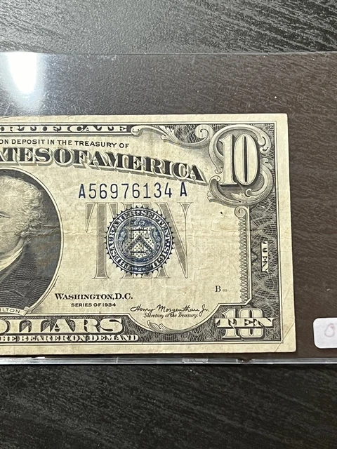 1934 $10 Ten Dollars Silver Certificate Blue Seal Mule Note A56976134A 2