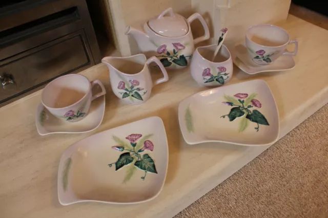 Carlton Ware Convolvulus Purple Tea Set - Teapot,Cups,Saucers,Plates,Milk,Sugar