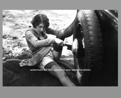 Sexy Girl Stockings PHOTO Changing Tire, Flapper Gorgeous Hot Legs 1920s Car