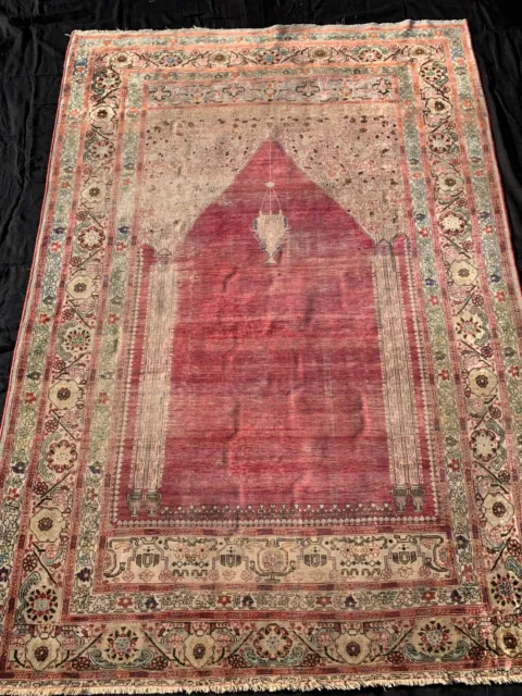 antique tapis prière persan Tābriz Persian prayer rug soie silk 171 x 119 cm