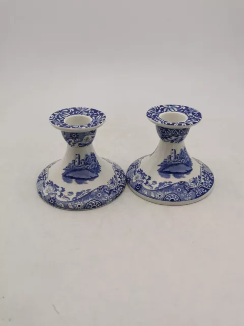 x2 Vintage Spode Blue Candlesticks, 9cm Tall, GC  (AN_7280)