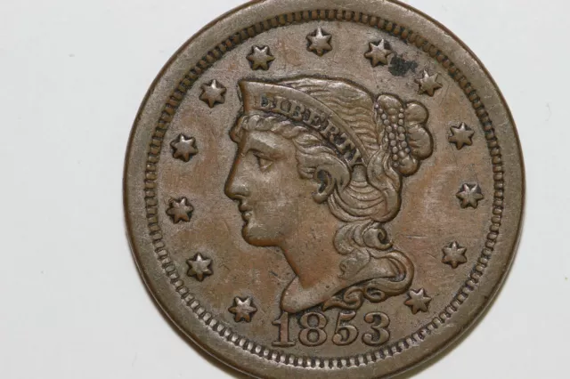 1853 P Grades Extra Fine Liberty Braided Hair Head Large Cent Coin (LRG708)