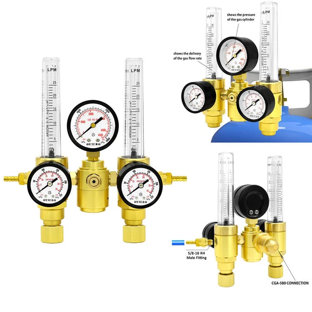 ARGON CO2 FLOW Meter MIG TIG Welding Gas Regulator Dual Output 3 Gauges