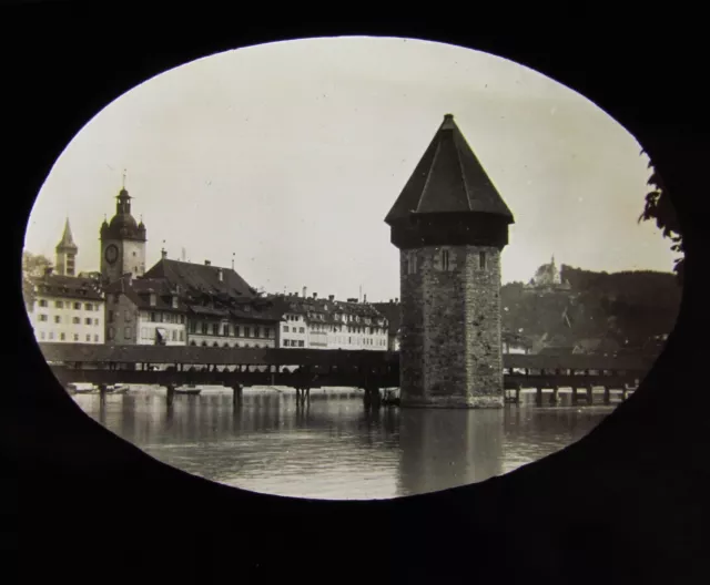 Glass Magic lantern slide LUCERNE - THE OLD WOODEN BRIDGE C1890 SWITZERLAND