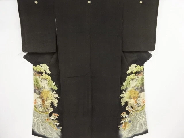 85972# Japanese Kimono / Antique Tomesode / Embroidery / Raging Waves With Treas