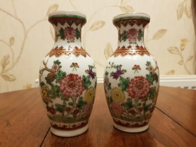Vintage Pair Of Chinese Porcelain Famille Rose Export Vases By Jingdezhen Zhi