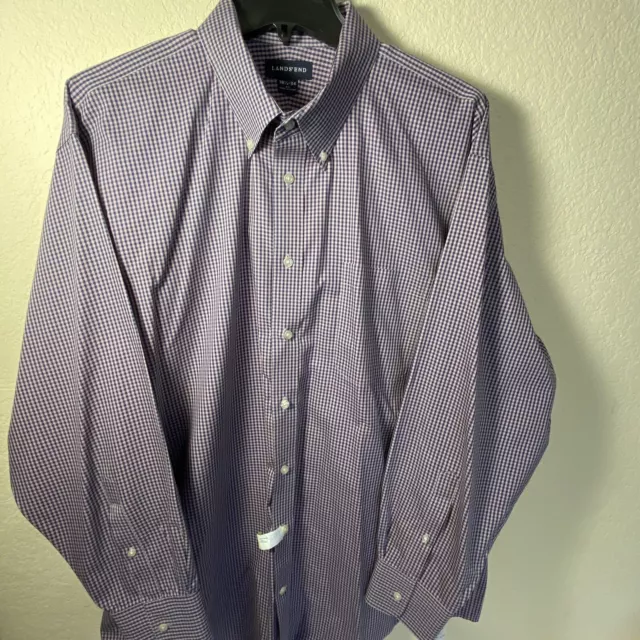 LANDS'END Mens Button Front Purple and Blue Check Casual Shirt Sz 2XL (18.5/34)