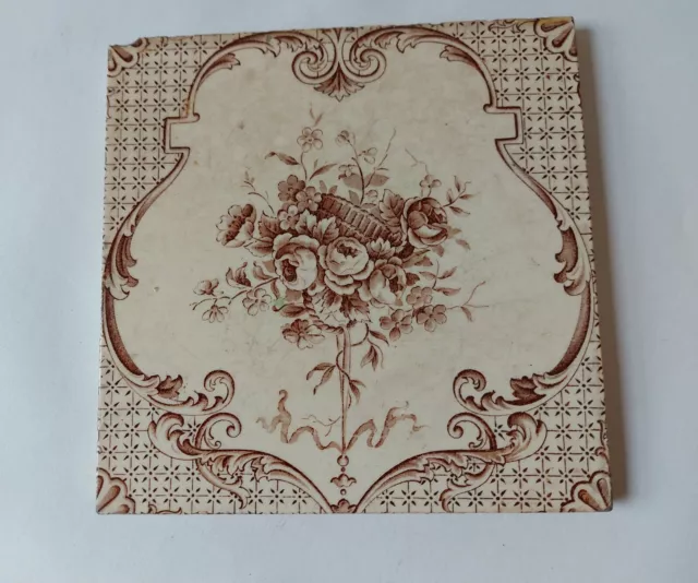 Antique Victorian Ceramic Fireplace Tile Floral Bouquet Design 15.1cm by 15.1cm