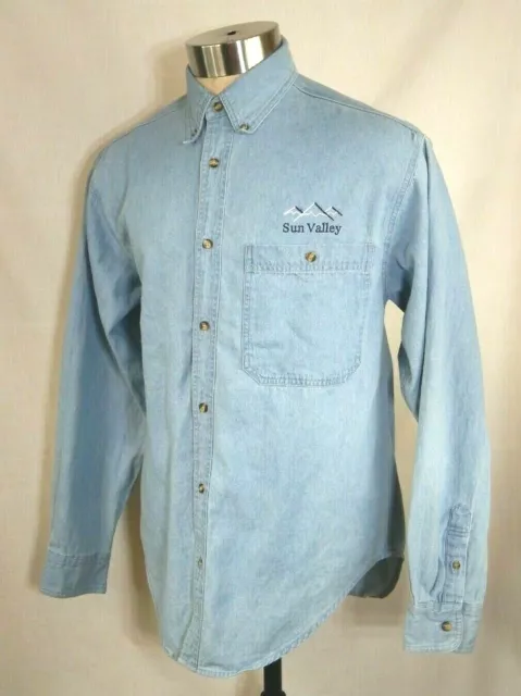 Vintage Sun Valley Blue Denim Long Sleeve Shirt Mens Size Small 100% Cotton