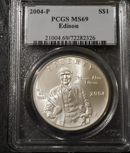 2004 EDISON Silver Dollar  PCGS MS69 GEM BU Commemorative Coin Graded By PCGS.