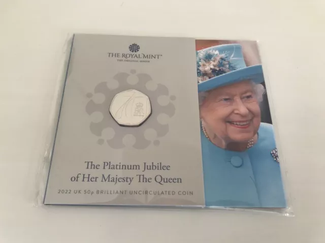 2022 Platino Jubilee Cinquanta 50 Pence Reale come Nuovo Confezione