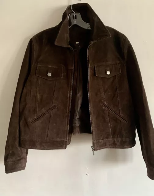 Marks & Spencer Chocolate Brown Long Sleeves Suede  Leather Biker Jacket Size:18