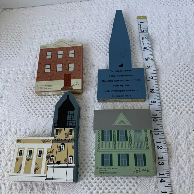 Cat's Meow VTG 90’s Lot of 4 Wood Hand Painted Shops Monuments Buildings Retired 3
