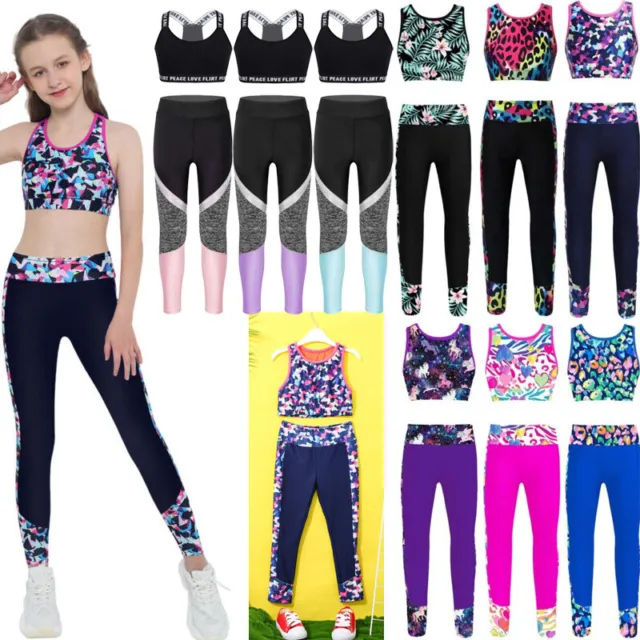 Kids Girls Workout Yoga Sports Crop Tank Top Shirt Gymnastic Fitness Outfit Set 2