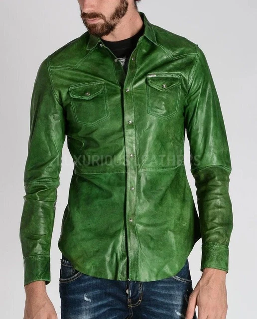Men's Lambskin Leather Green Shirt Jacket Biker Motorcycle Slim Fit Jacket
