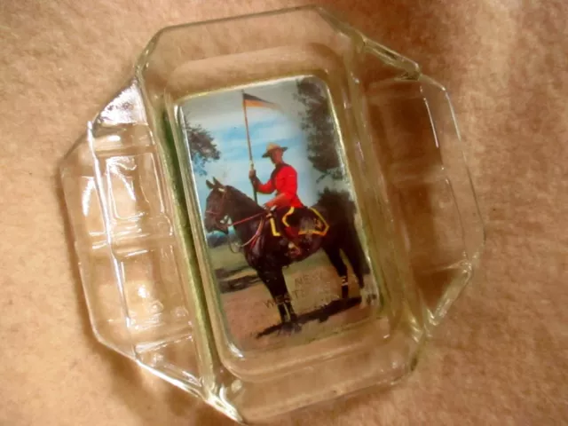 Vtg NEW WESTMINSTER Canada Kenora Glass Ashtray Mountie Full Color Heavy Felt