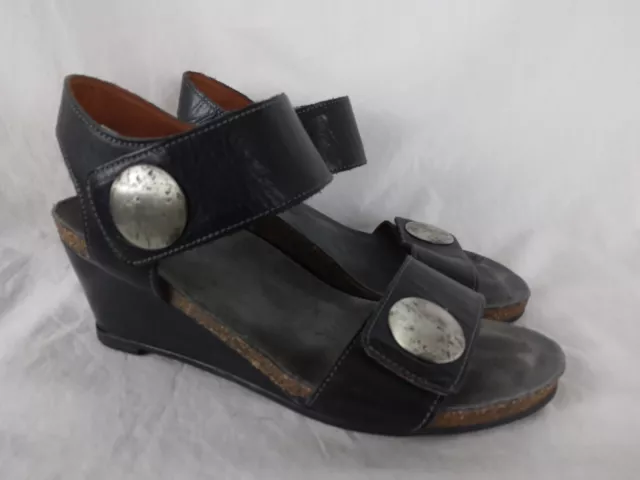 Taos Carousel Black Leather Ankle Strap Wedge Sandal Adjustable Women's 38 7 7.5
