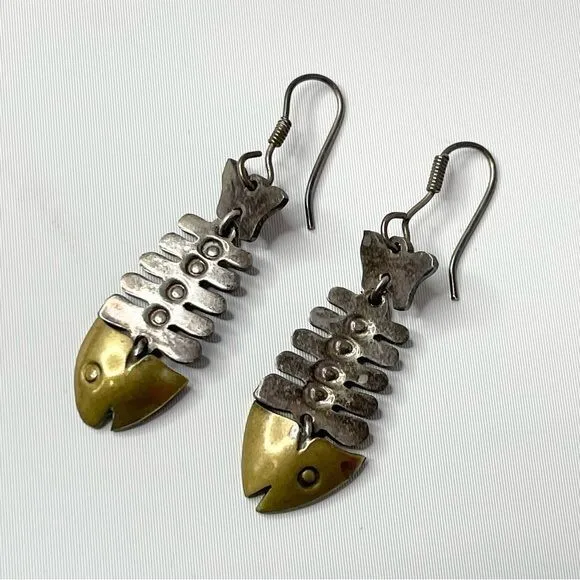 Vintage Mexican Silver Earrings Fish Bones Tail TAXCO Stamped 925, circa 1980s