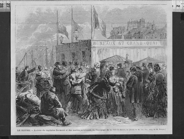 G374 / Gravure 1888 /  Le Havre Arrivee Du Capitaine Surmont..............