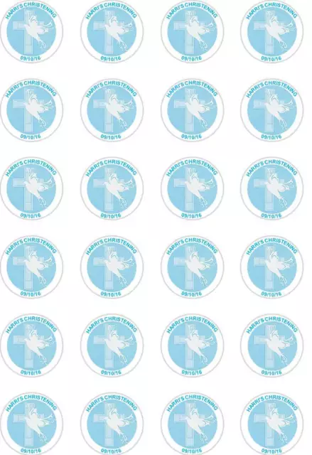 24x PRECUT PERSONALISED BOYS/BLUE CHRISTENING RICE/WAFER PAPER CUP CAKE TOPPERS