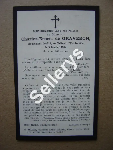 Faire part décès Charles Ernest de GRAVERON Château Heudreville  + carte pieuse 2