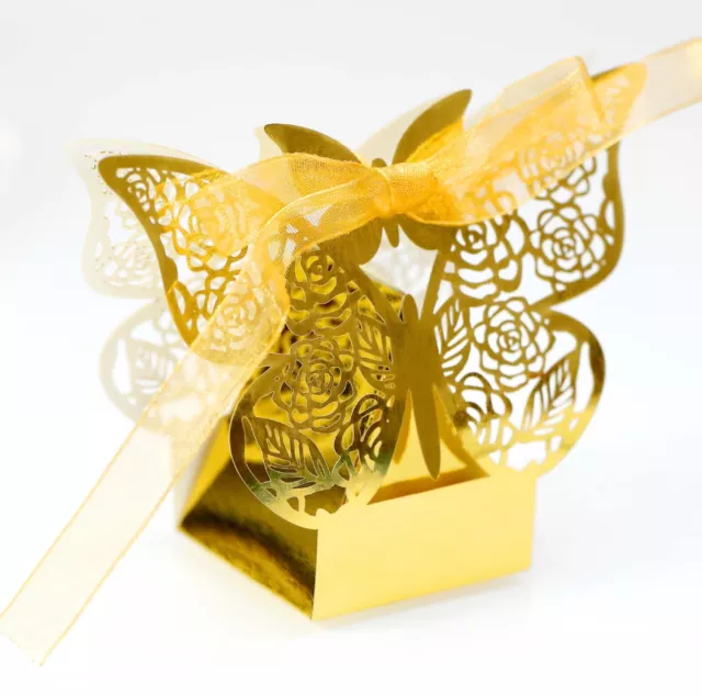 100/200x Butterfly Roses Laser Cut Wedding Party Favour Candy Gift Boxes Ribbons