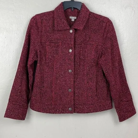 J Jill Bordeaux Red Tweed Wool Blend Blazer Jacket Women's Medium snaps pockets
