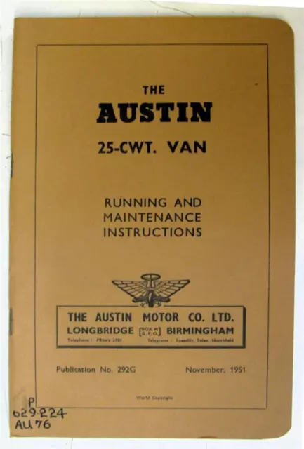 AUSTIN 25 cwt Van Commercial Owners Handbook 1951 #292G