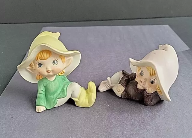 Vtg (2) Homco Fairy Elf Figurines 4" Laying Down Taiwan (No Bottom Labels) Lot