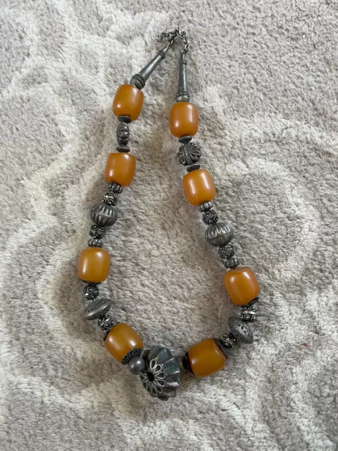 Antique Vintage Yemeni Yellow Amber Bakelite & Tribal Silver Bead Necklace