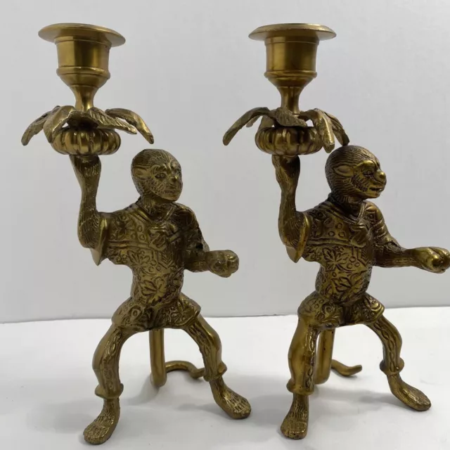 VTG Pair Of Brass Monkey Butler Candle Holders 6” Tall Heavy See Pictures!