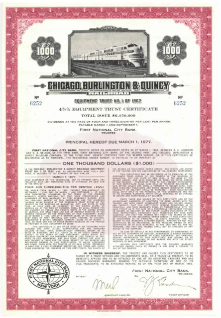 Chicago, Burlington and Quincy Railroad Equipment Trust. Bond Certificate